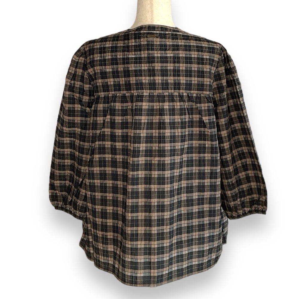 BARBOUR NWT Tan Plaid Shimmer 3/4 Sleeve Tie Neck Balloon Sleeve Peasant Top 12 - Picture 4 of 8